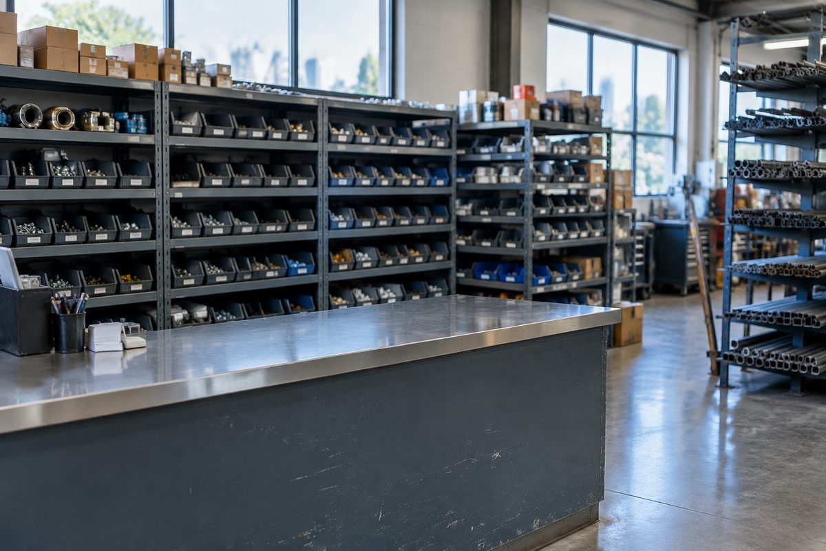 The Zavtilo parts counter with bin shelving and a bar stock rack behind it