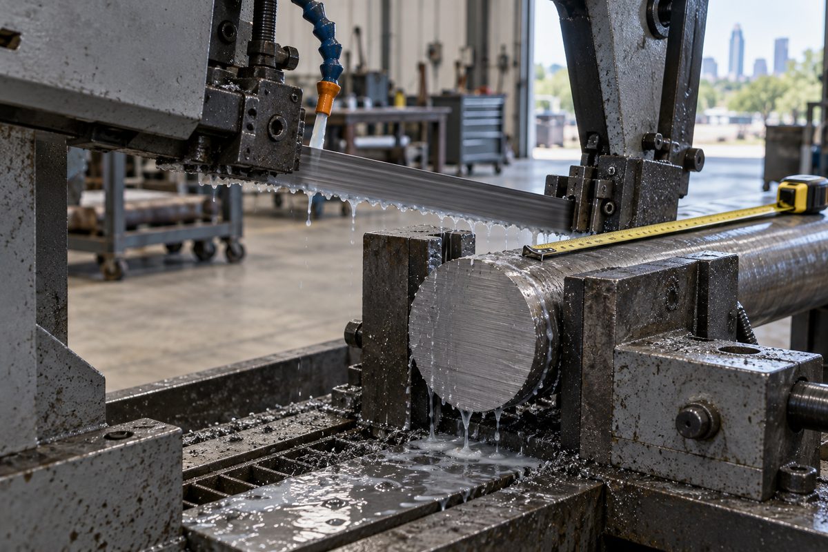 Horizontal bandsaw cutting a cold-finished steel round bar held in the vise