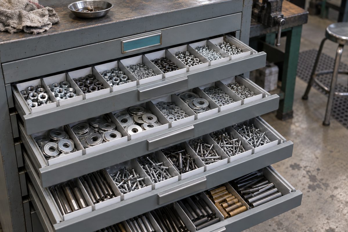 Open cabinet drawers of nuts, washers, rivets and dowel pins sorted by size