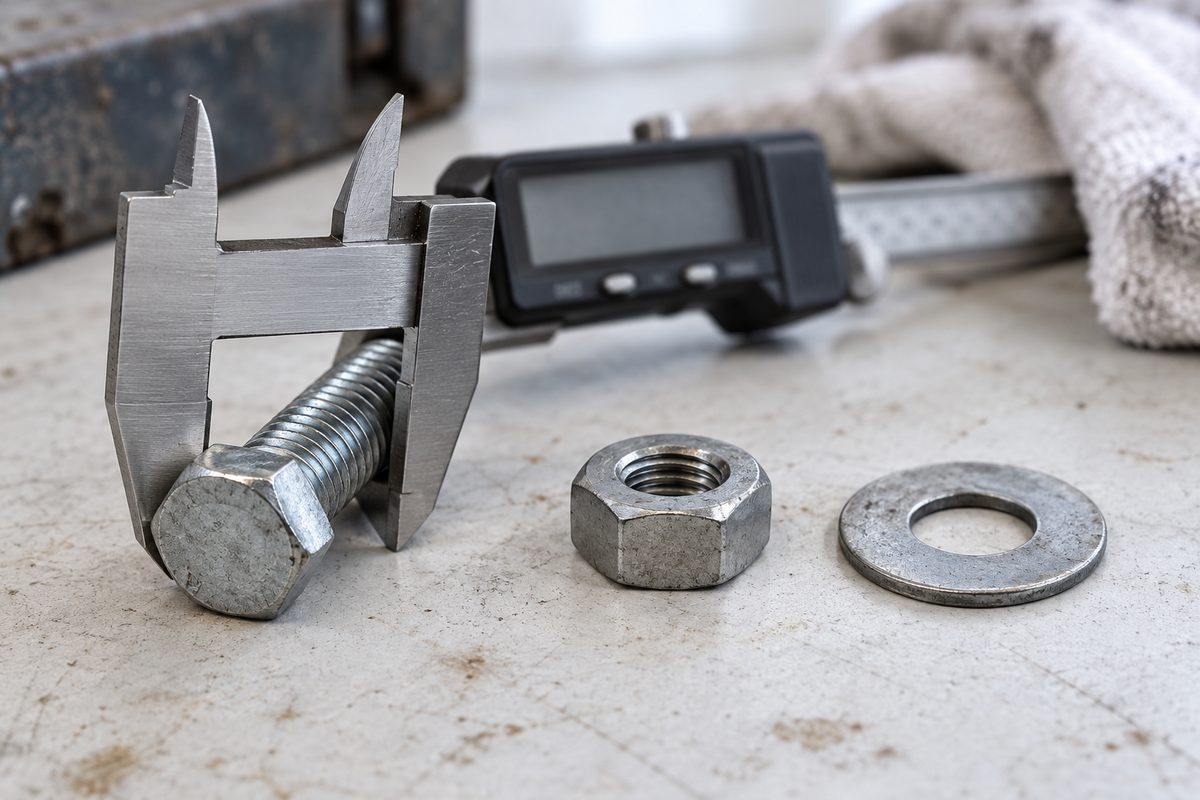 A caliper measuring a hex cap screw with its matching nut and washer laid out beside it
