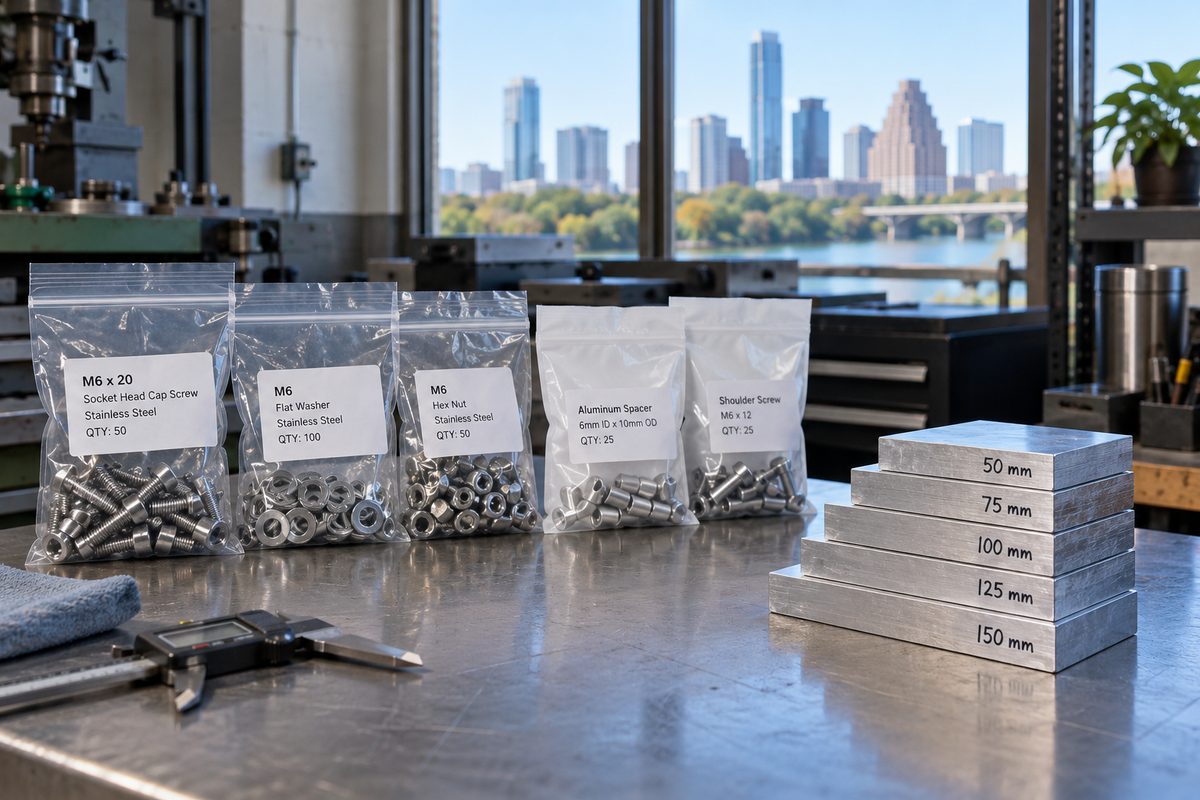Labeled parts bags and marked aluminum blanks waiting on the counter for pickup
