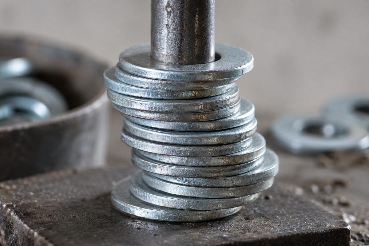 Zinc flat washers stacked on a steel spindle