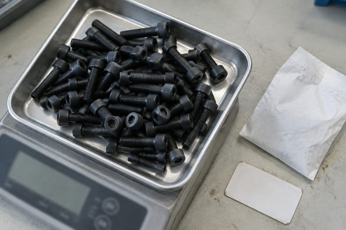 Socket head cap screws heaped on a scale pan beside an empty parts bag, counted by weight