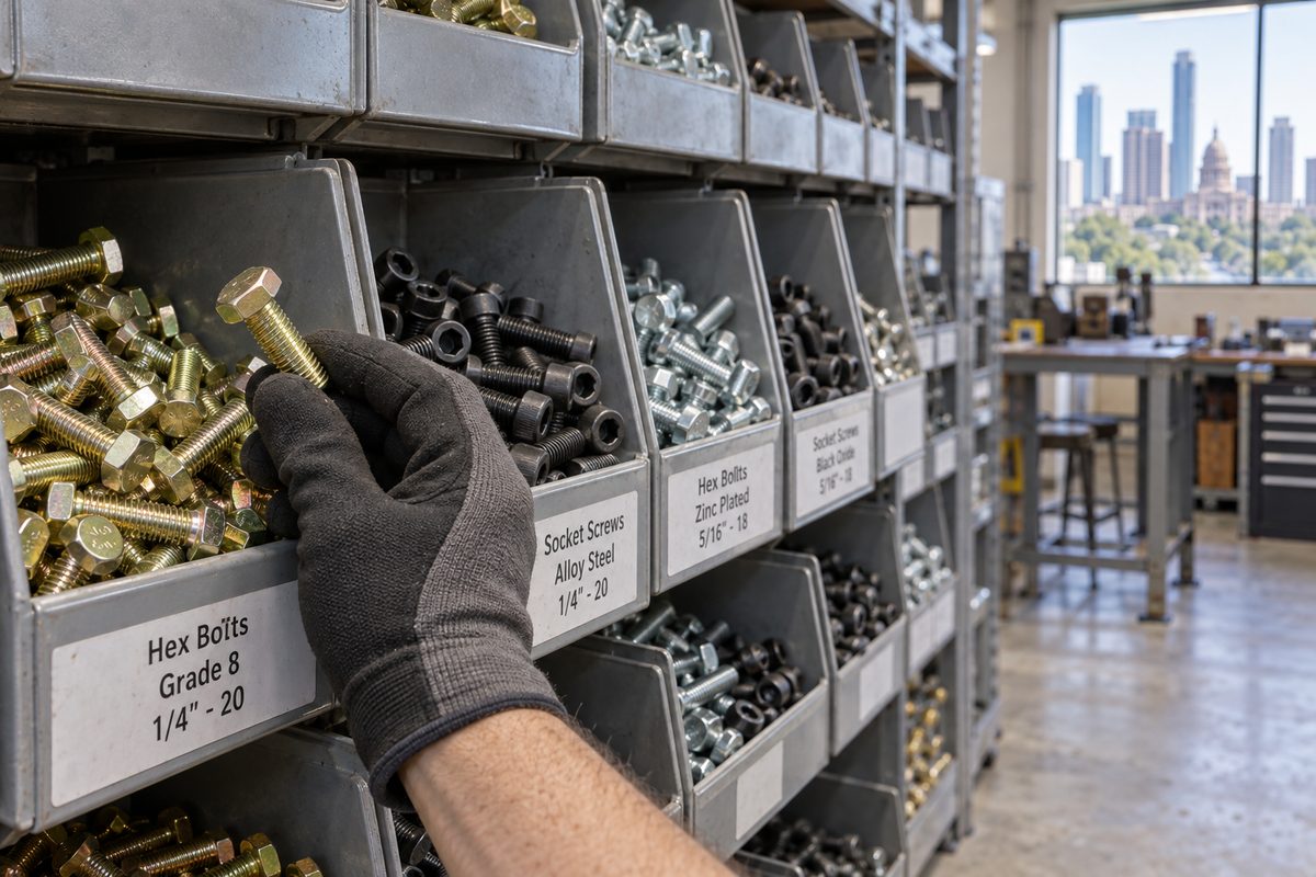 Steel bins of zinc and black-oxide bolts at the Zavtilo counter, a gloved hand lifting a yellow-zinc Grade 8 bolt