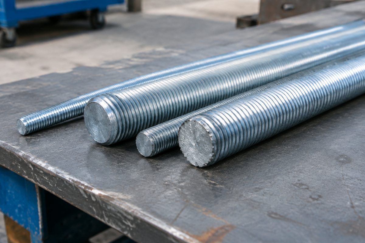 Zinc-plated threaded rods of several diameters, one freshly cut end in focus
