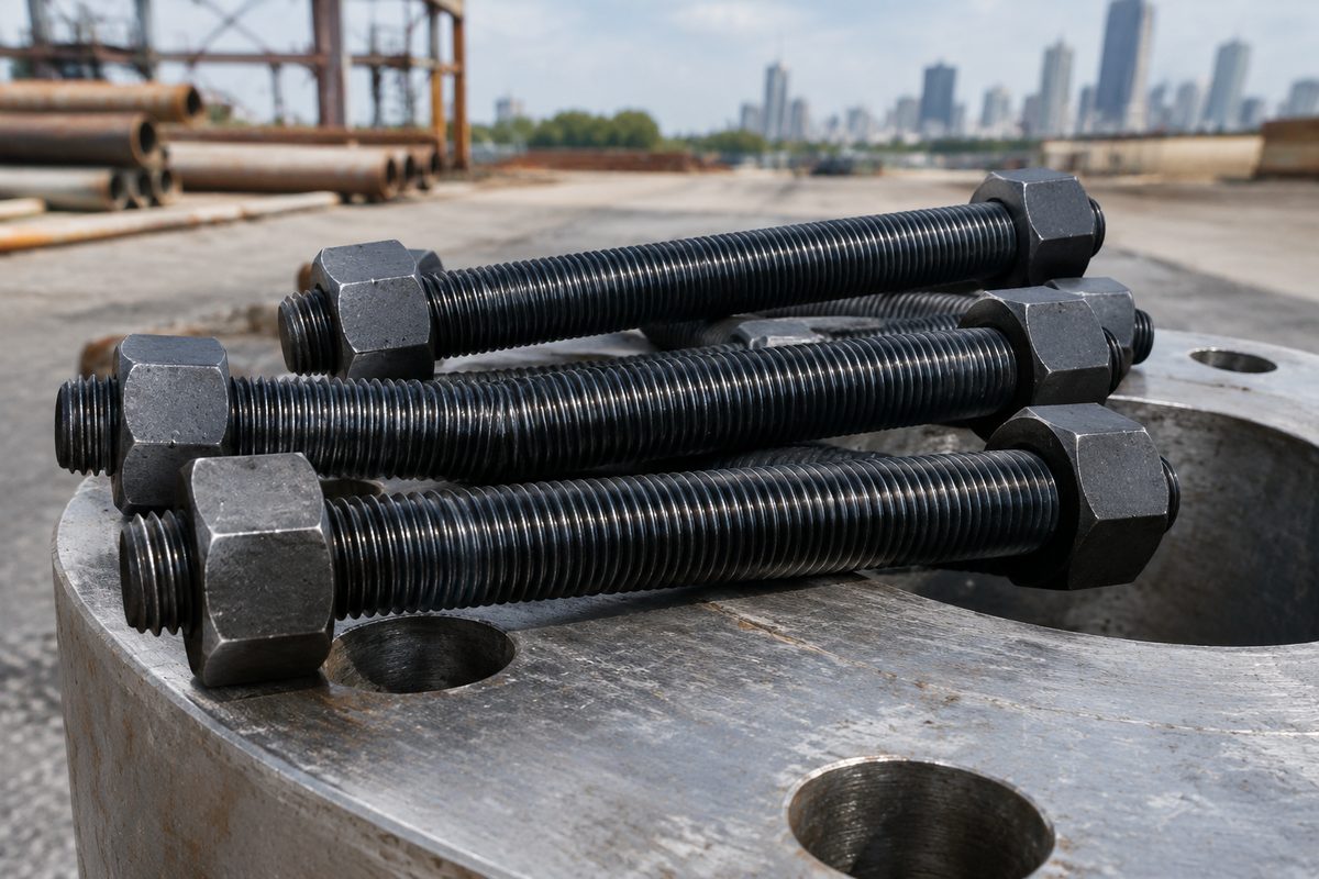 B7 studs with two heavy hex nuts each, laid on a flange face
