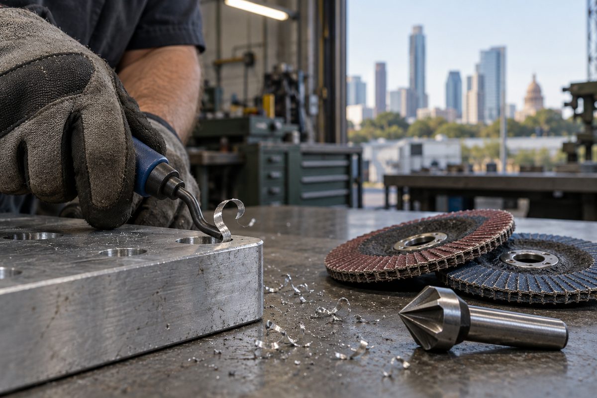 A swivel-blade deburring tool cleaning a drilled aluminum edge beside flap discs