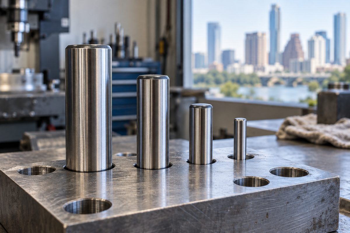 Hardened steel dowel pins standing in a ground steel block