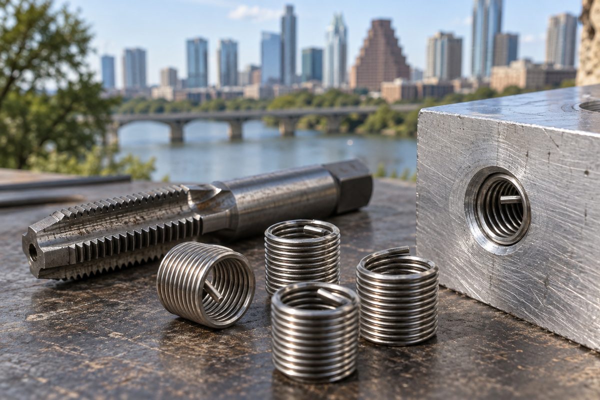 Stainless helical thread inserts beside a tap and an aluminum block with one installed