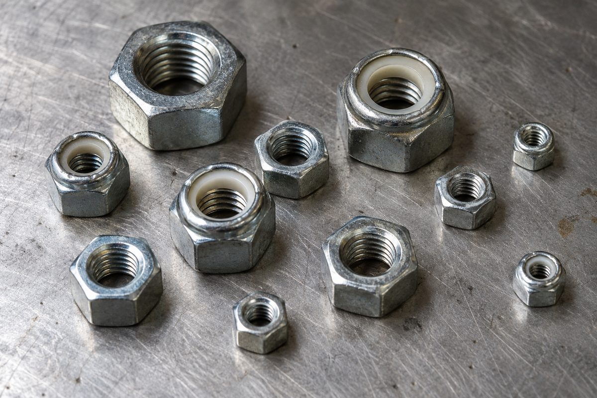 Zinc hex nuts and nylon-insert lock nuts spread on steel