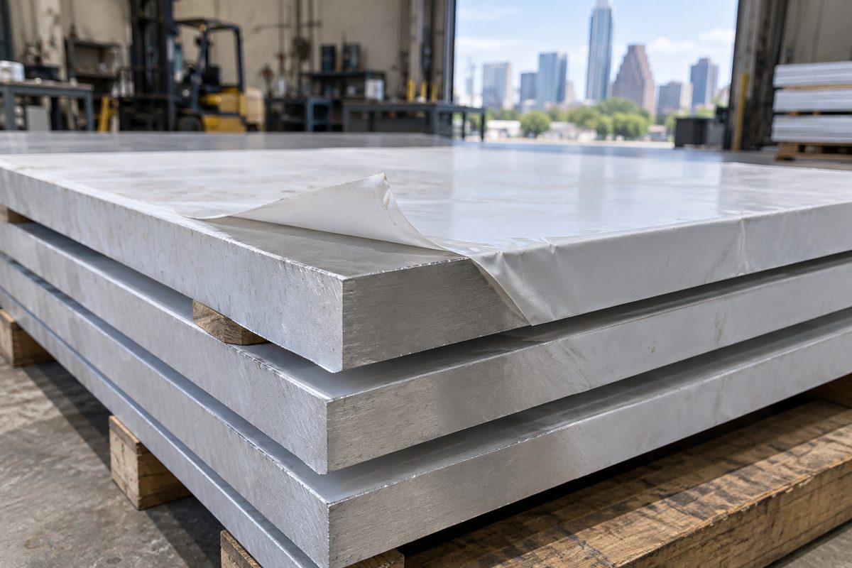 Aluminum plate blanks with protective film, one corner peeled back