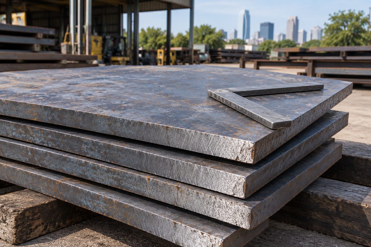 Stack of saw-cut A36 steel plate blanks with a steel square on top