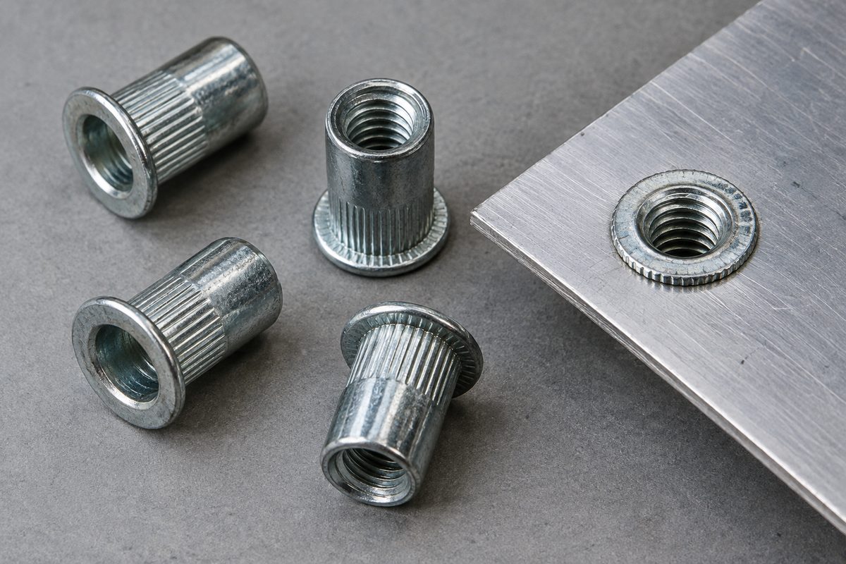 Flanged rivet nuts, one installed in thin aluminum sheet