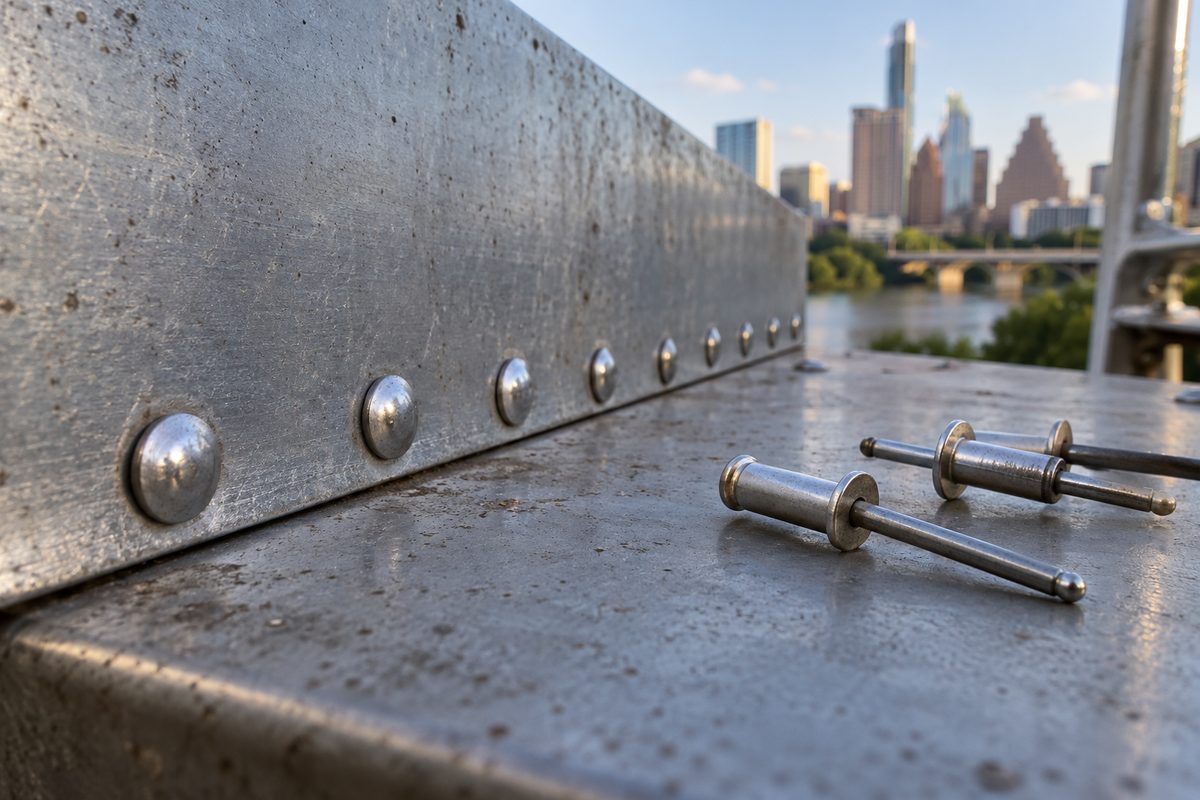 A row of set stainless blind rivets joining two steel sheets