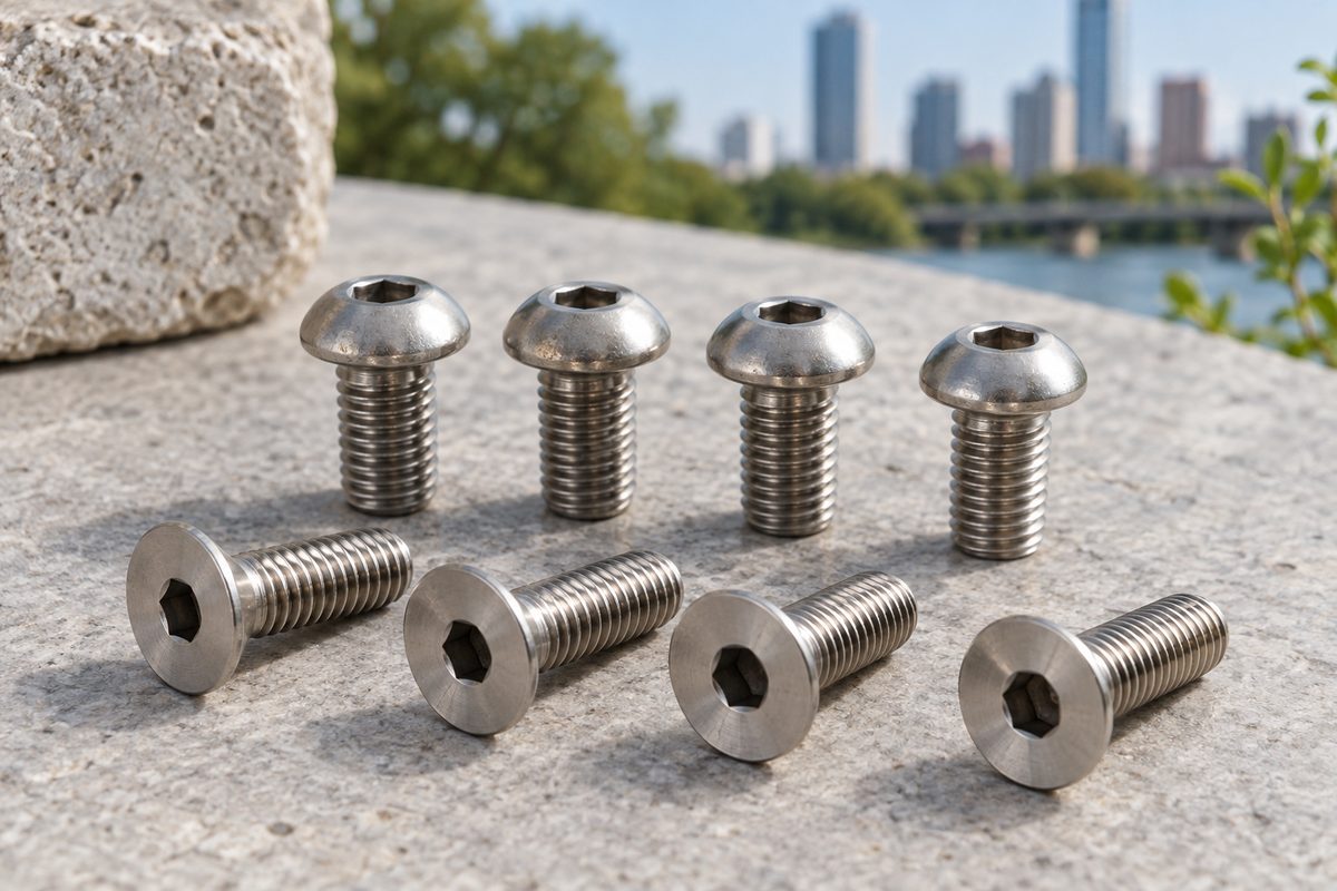 Stainless button head and flat head socket screws in two rows