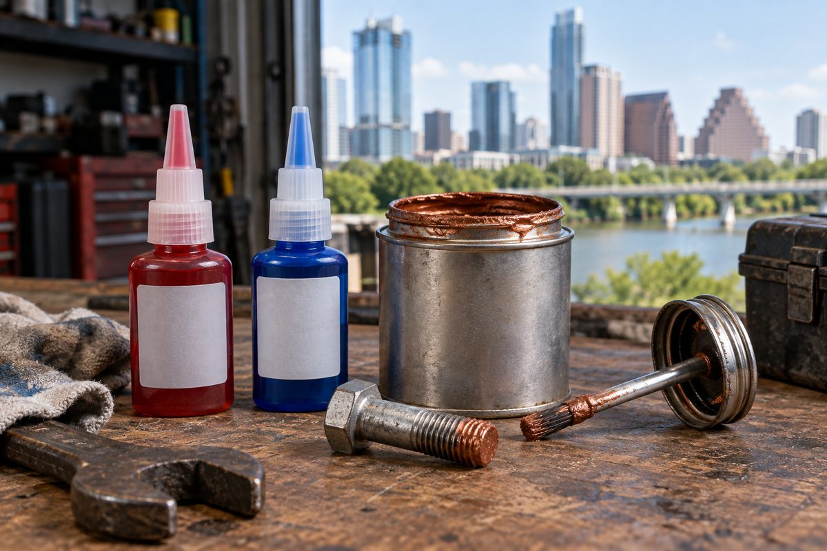 Unbranded threadlocker bottles and an open can of copper anti-seize beside a coated bolt