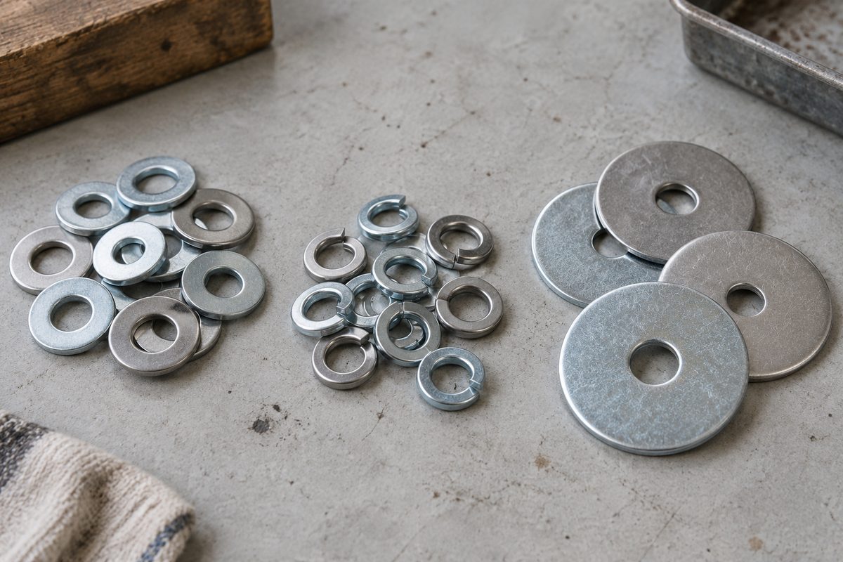 Flat, split lock and fender washers sorted in groups