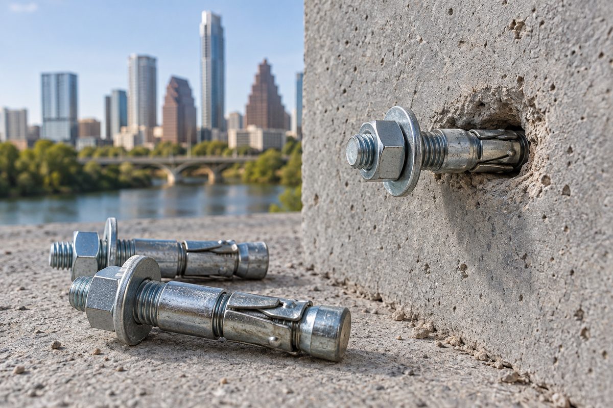 Zinc wedge anchors beside a drilled concrete block, one partly set