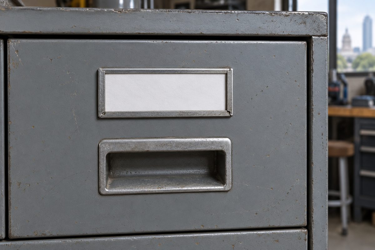 Front of a closed steel parts drawer with an empty label holder