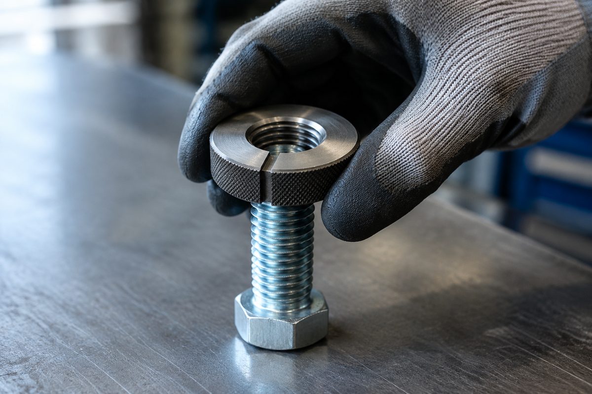 A thread ring gauge being turned onto a zinc hex cap screw to check the thread