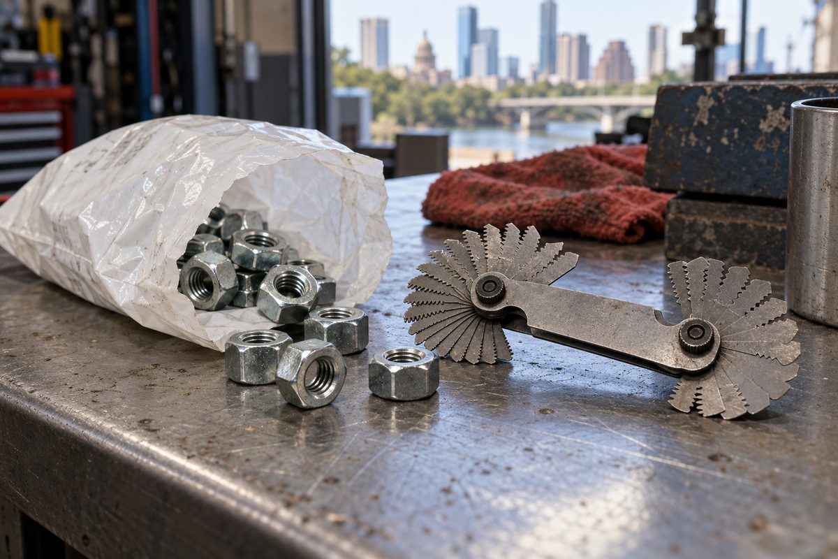 An opened parts bag of hex nuts beside a fanned thread pitch gauge